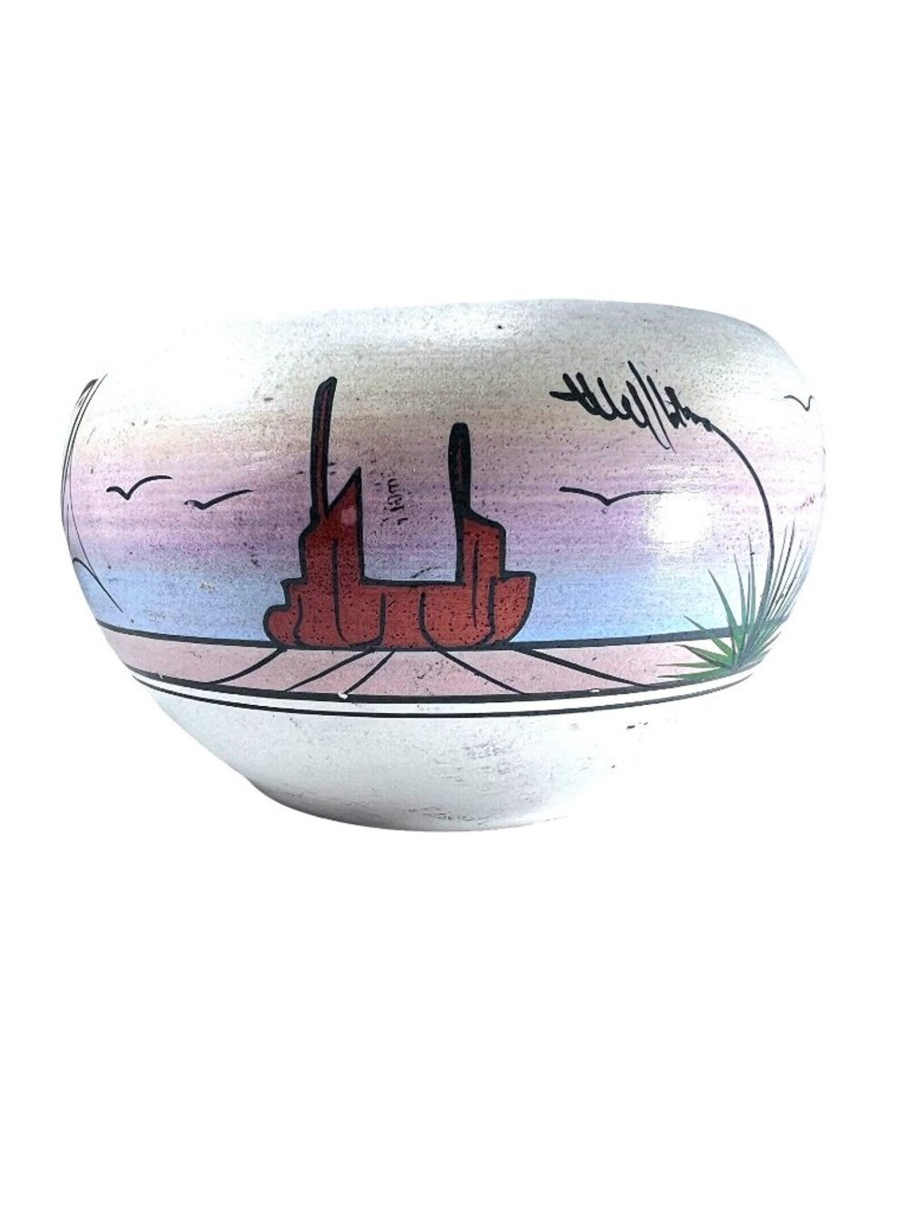 Vtg Navajo Handpainted Pottery Bowl Signed Southwestern Sunset Desert Birds